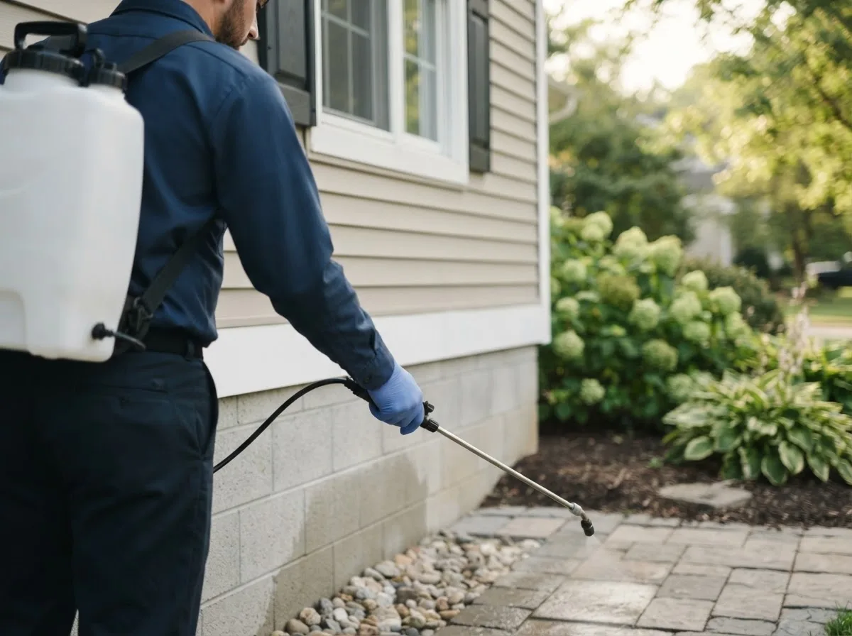 Pest control technician inspecting a home in Flatwoods, WV